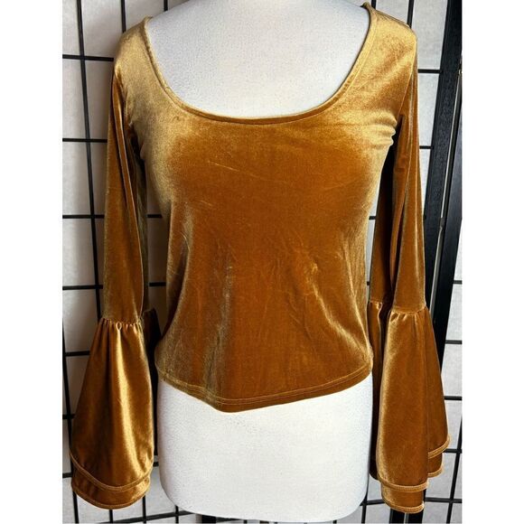 Torn by Ronny Kobo Tops - Torn Ronny Kobo Gold Mimi Sabrina Velvet Bell Sleeved Crop  Top